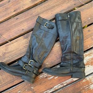 Black Leather Knee-High Boots with Buckles